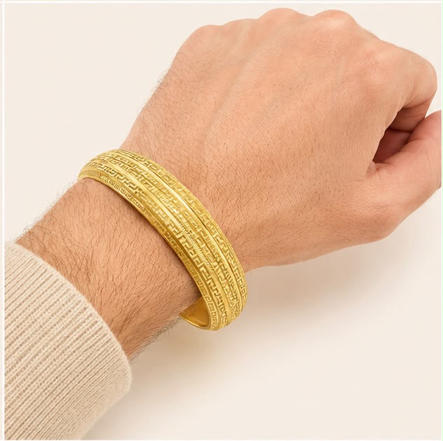 Greek key-inspired engraved pattern 22k Gold Bangle
