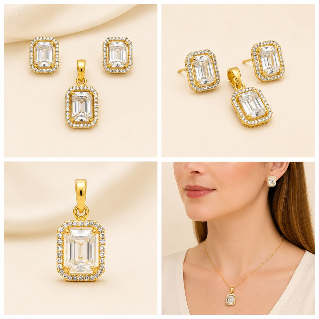 22K Gold Emerald-Cut Pendant Set