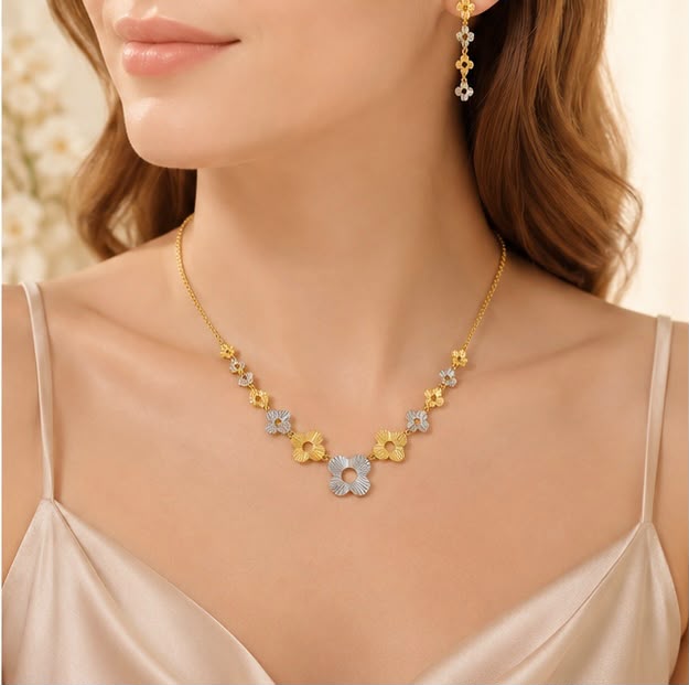 22K Gold Dual Tone Van-Cleef Inspired Necklace Set