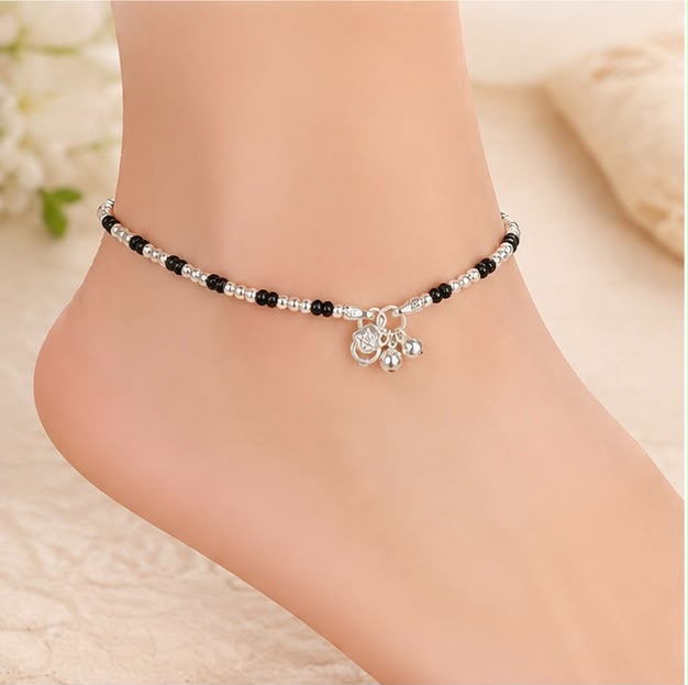 Black Bead Silver Anklet 925 Sterling