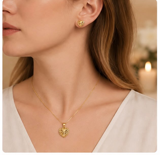 22K Gold Artisan Heart Pendant Set