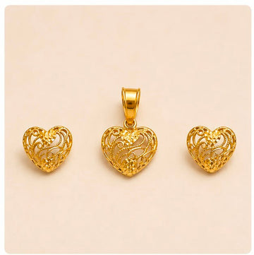 22K Gold Artisan Heart Pendant Set