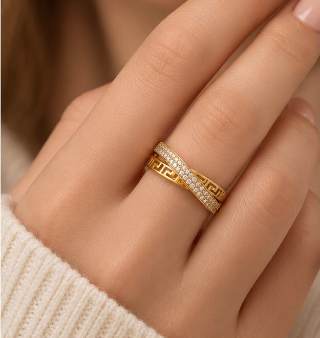 Greek Key Crossover 22K Gold Women Ring